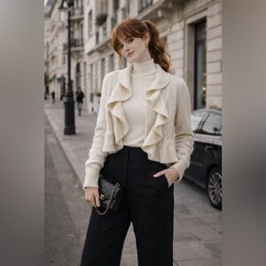 Women Sz XL Cream Ruffled Open Crop Cardigan Sweater Wool Rabbit Hair Blend